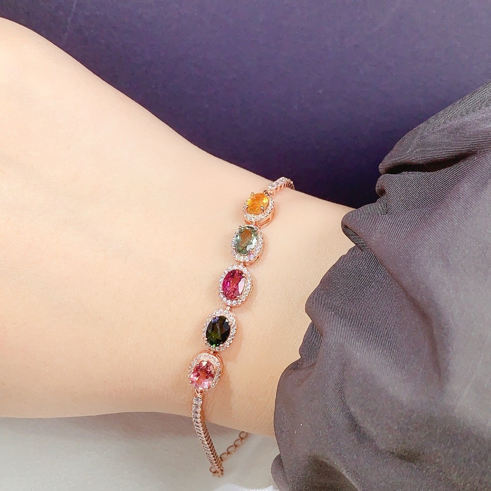 Natural Tourmaline Ruby Gemstone Emerald bracelet S925 Silver Plated 18K Gold