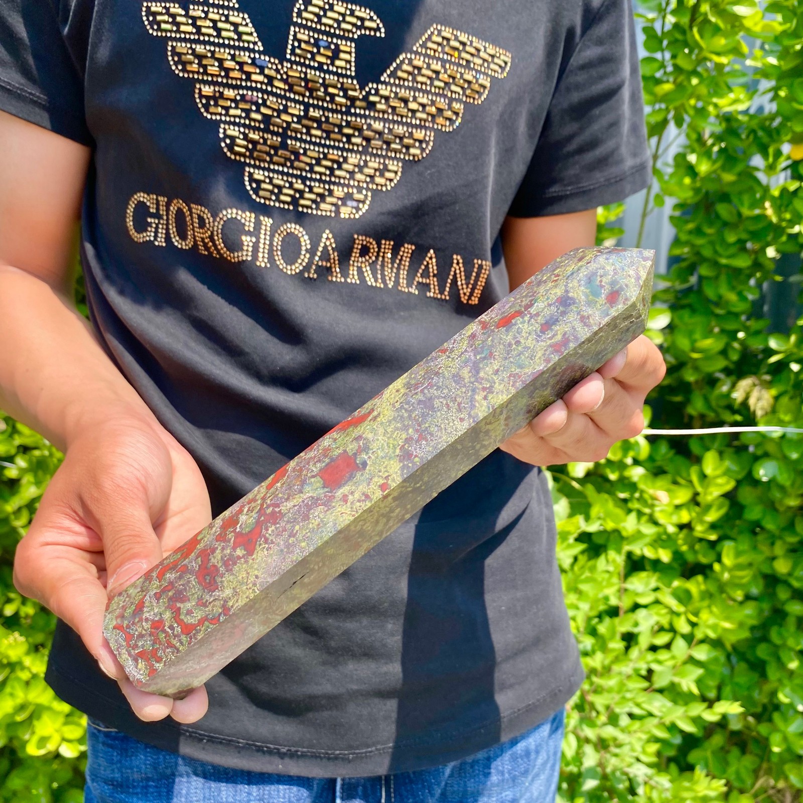 1.82LB Natural dragon’s blood stone obelisk quartz crystal column restoration