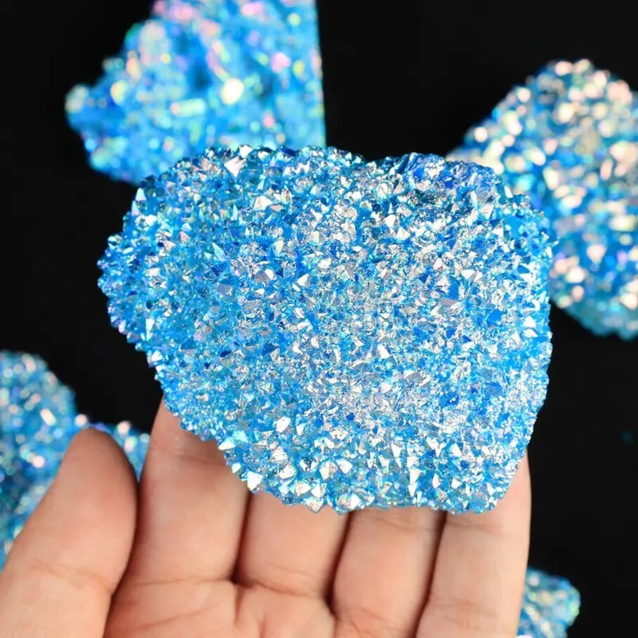 Titanium Aura Blue Quartz Crystal Healing Rainbow Cluster Geode Home Decor Gift