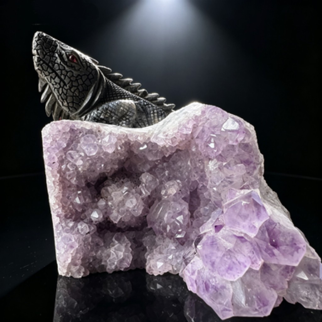 Natural Amethyst Cluster Lizard Sculpture Hand Carved Crystal Collectible Art