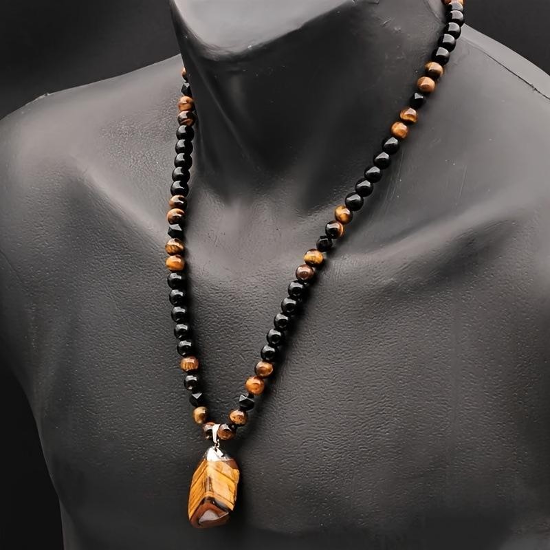 Tiger Eye Stone Beaded Necklace Men Black Irregular Pendant Fashion Jewelry Gift
