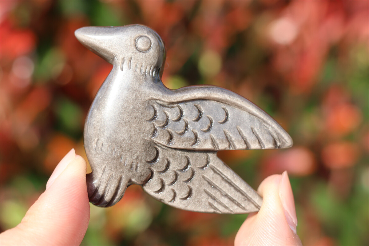 2.3” Hand Carved Natural Silver obsidian Hummingbird Crystal figurine gift 1x