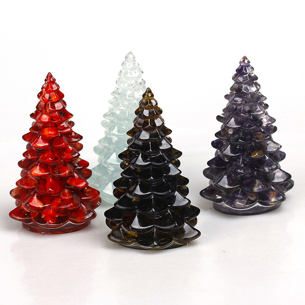 1PC Natural Quartz Crystal Tumbled Resin Christmas Tree Decoration Reiki Healing