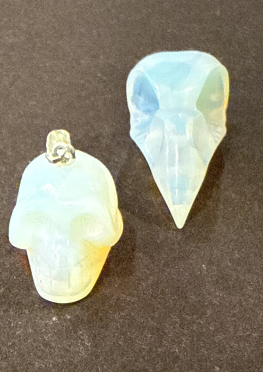 Opalite Crystal Skull & Raven Skull Set – Carved Iridescent Gemstone Lot of 2