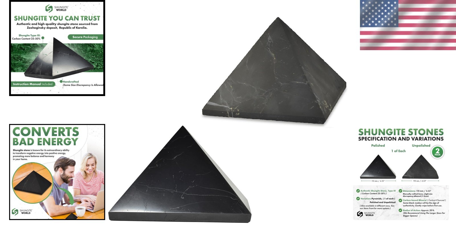 Shungite Pyramids Set 2 pcs 110mm Polished Unpolished Crystal Home Protection…