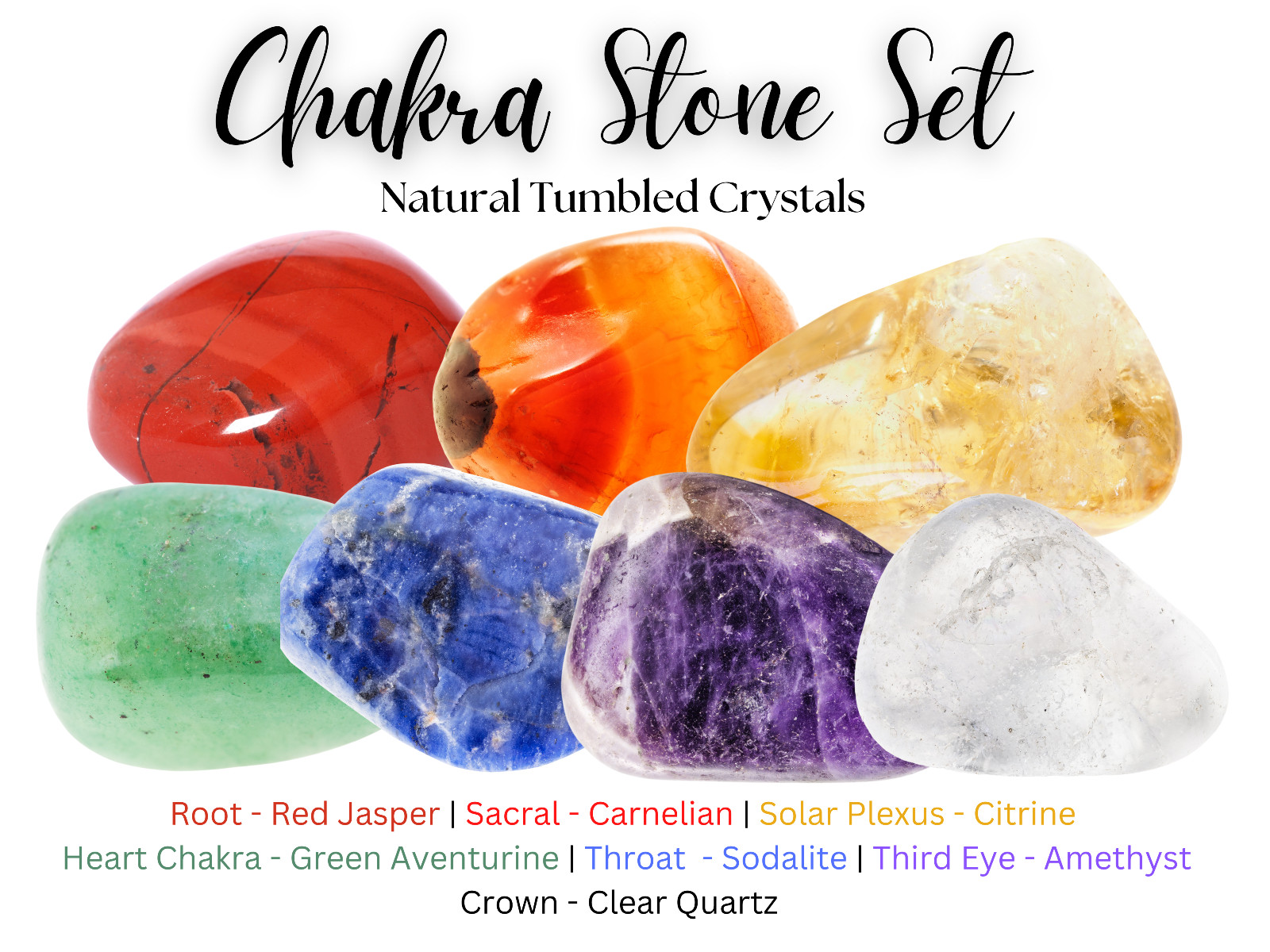 CHAKRA BALANCING: 7 Tumble Stones Pouch Polished Selenite Charging Plate + Guide