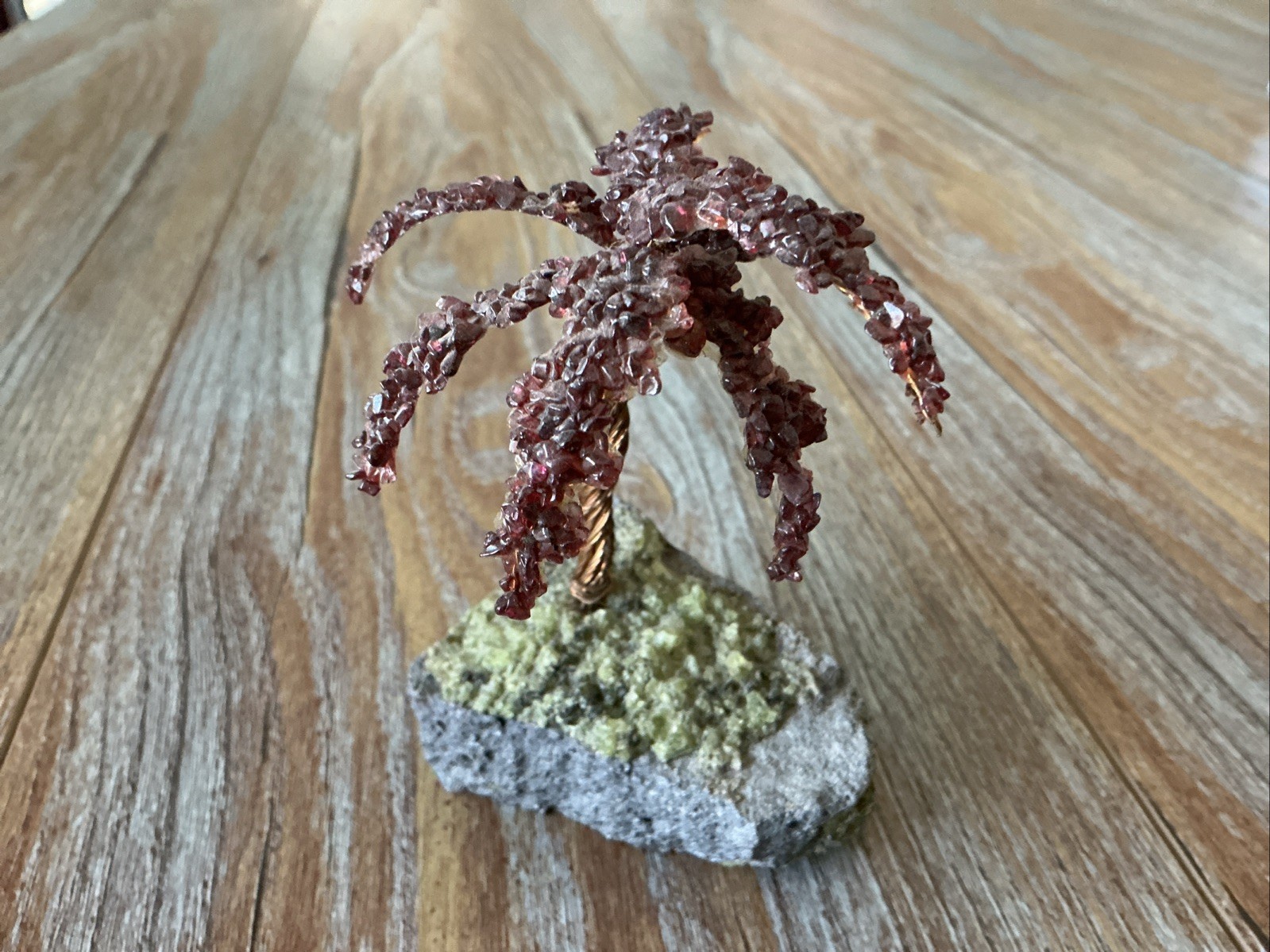 Vintage Gemstone Chip Bonsai Tree Sculpture On Natural Rock Base 4” Handmade Art