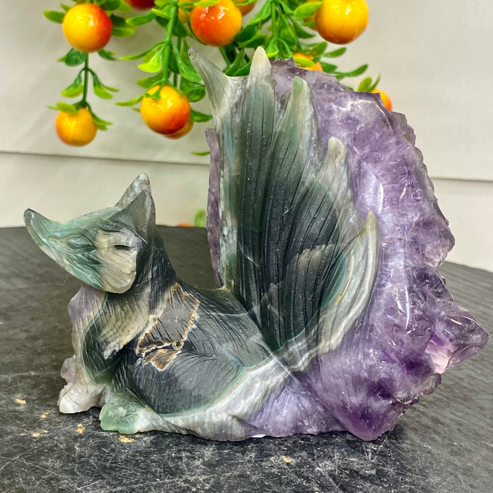 1.54LB Natural Agate Geode Hand Carved Nine-tailed Fox Quartz Crystal Decor