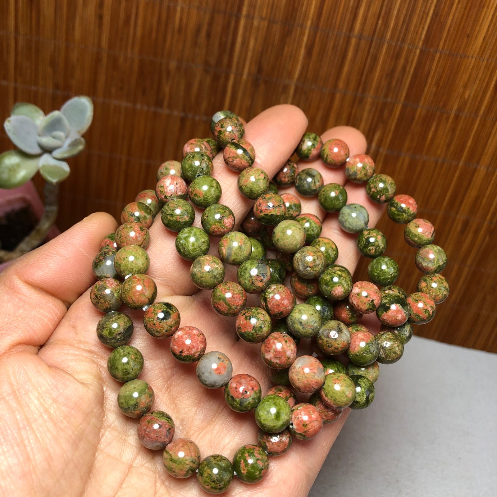 5Pcs Wholesal Natural Polish Unakite stone bracelets Crystal ball 8mm A3424