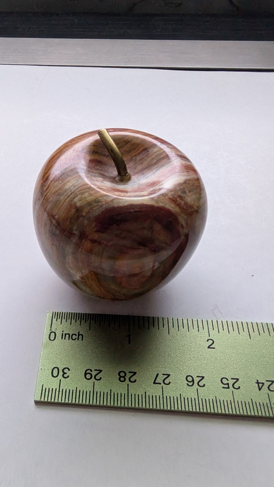 Vintage Carved Banded Onyx Marble Apple Brass Stem Paperweight MCM Teacher