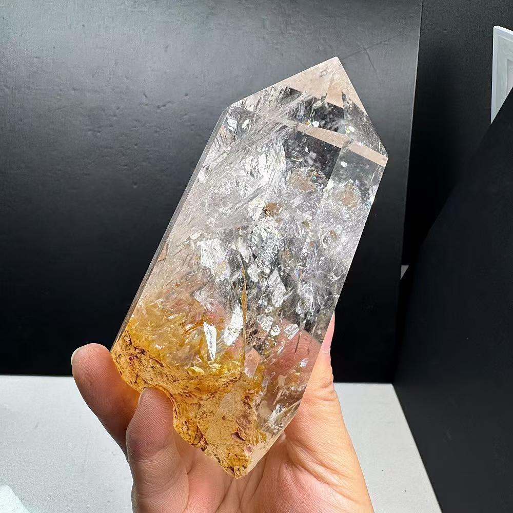 2.2LB Natural Rainbow White Quartz Obelisk Crystal Energy Tower Reiki +Stand