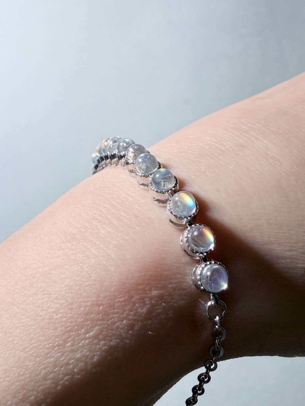 Natural Glassy Quality Madagascar Rainbow Moonstone S925 Adjustable Bracelet