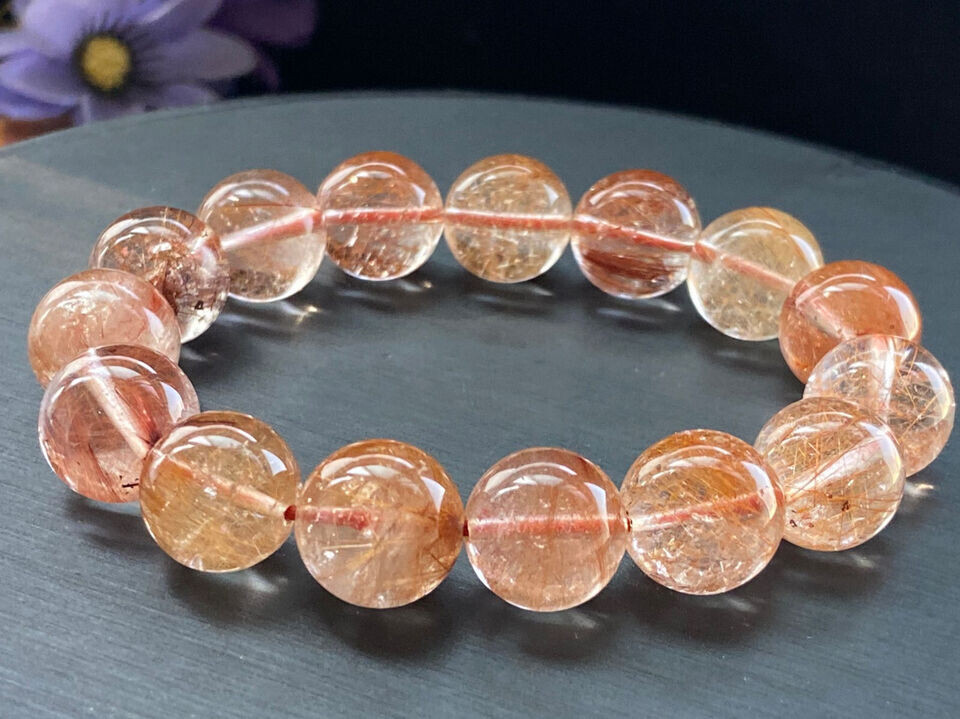 13mm Natural Rare yellow Rabbit hair Crystal Round Beads Bracelet AAA24047