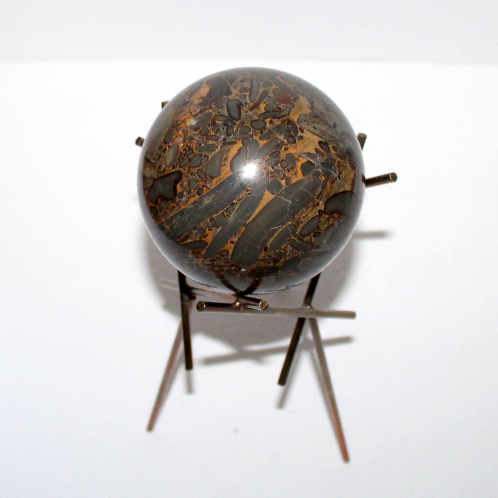 Vintage Bamboo Jasper Sphere 4” on brass Stand MCM decor stone ball 3lb 9oz