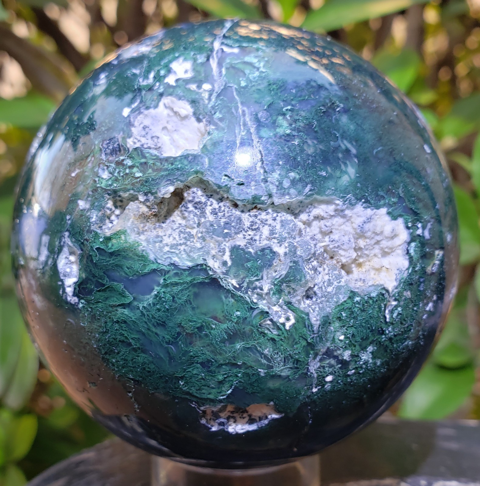 3″ Green Moss Agate Quartz Crystal Mineral Semi-Polished Sphere Ball Orb UV,532g