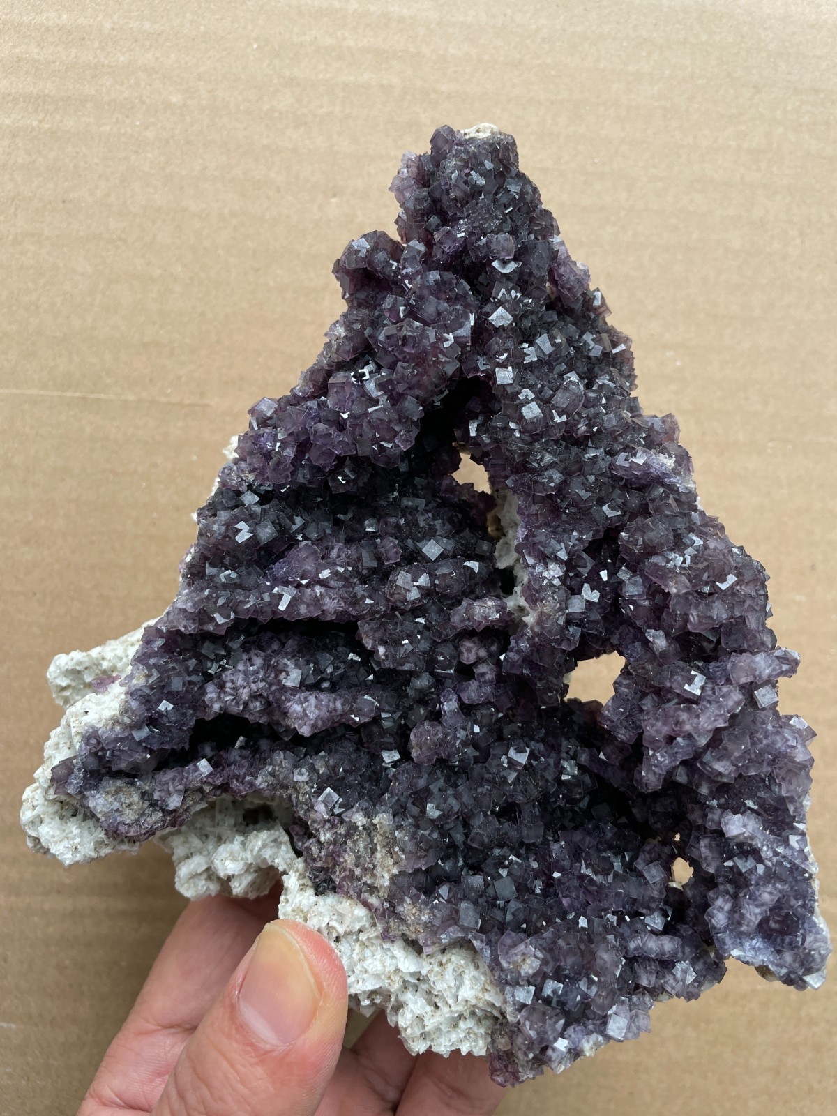 570g Natural cube fluorite on gypsum color-changing magical Landscape stone