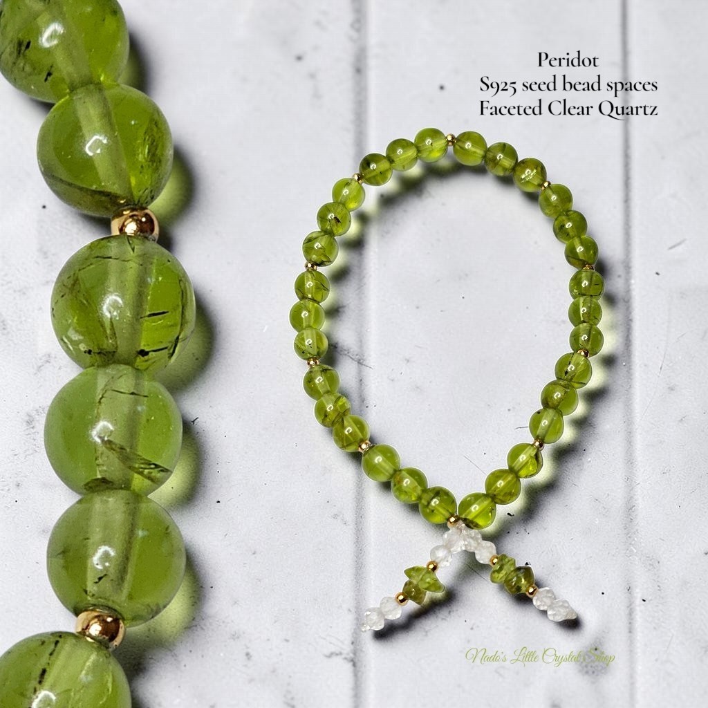 Peridot Crystal Bracelet S925 Spacers 7mm Beads With Dangling Charm 7 Inches