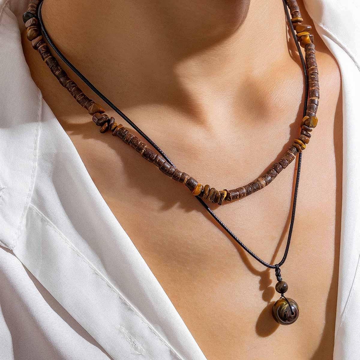 Kunjoe 2pcs Natural Stone Pendant Necklace Vintage Wood Beads for Men