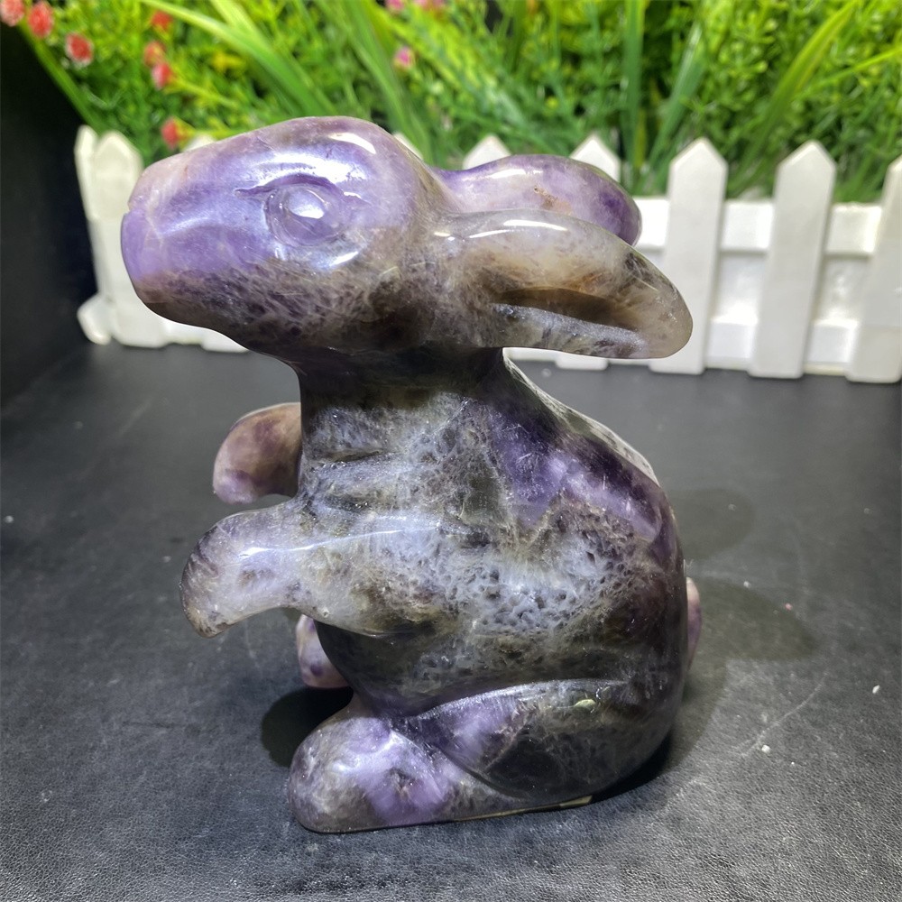 1.6LB 4.5″Natural Dream Amethyst Bunny Statue Crystal Reiki Carving Rabbit Decor