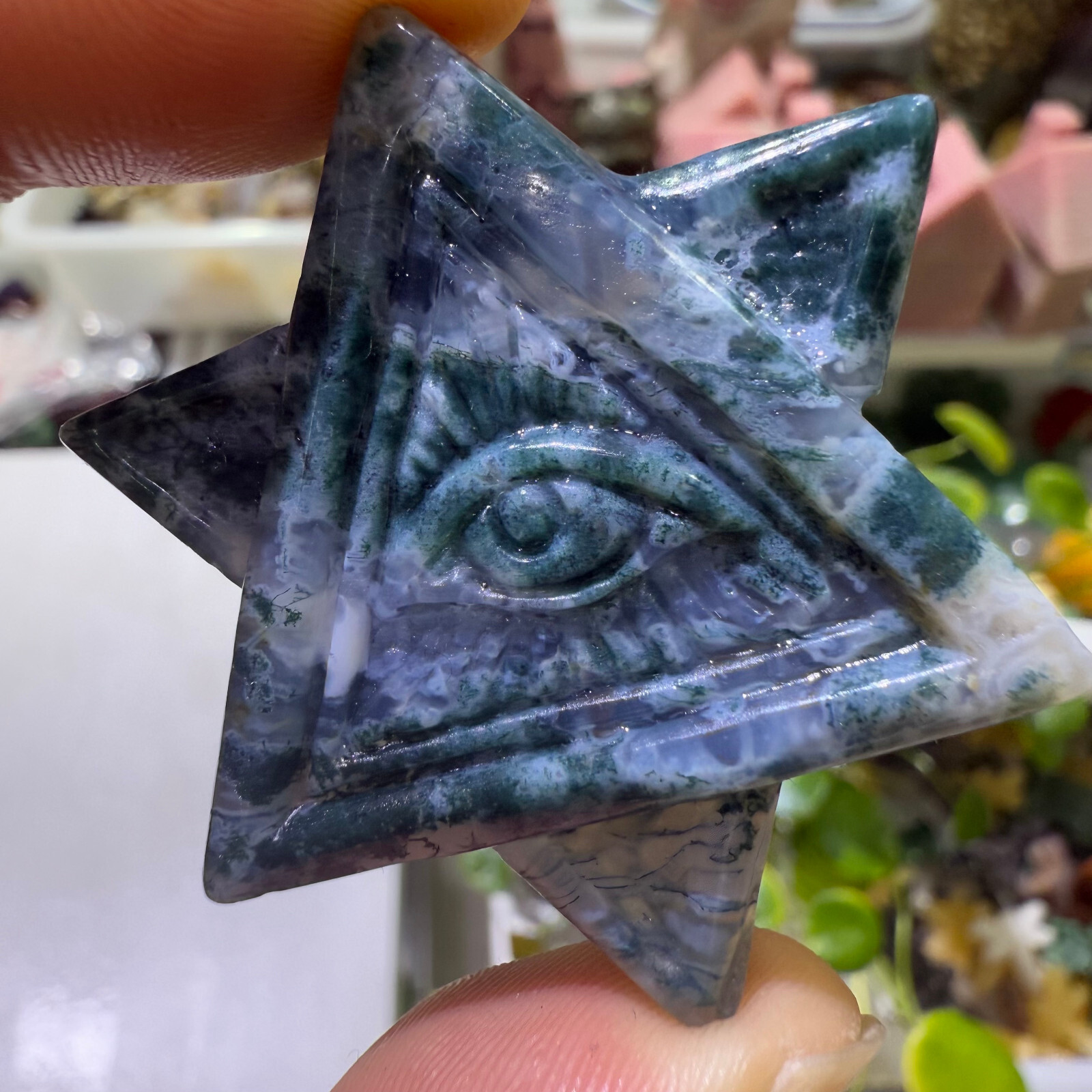 Natural Water grass agate God’s eye Quartz Crystal Carved Reiki Healing 1pc