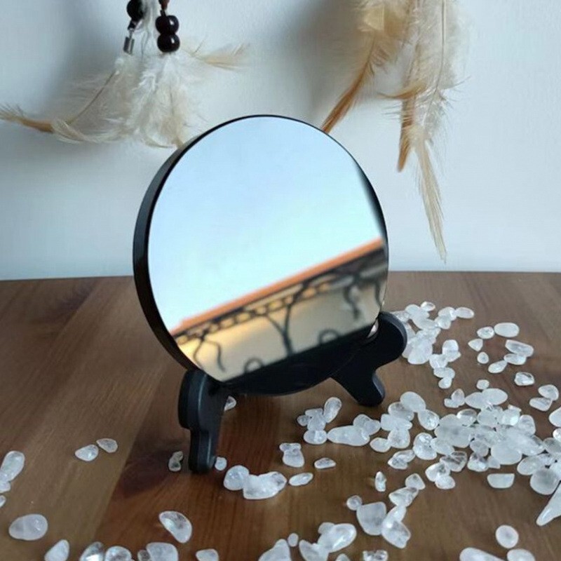Natural Black Obsidian Mirror Crystal Scrying Plate Home Decoration with Stand