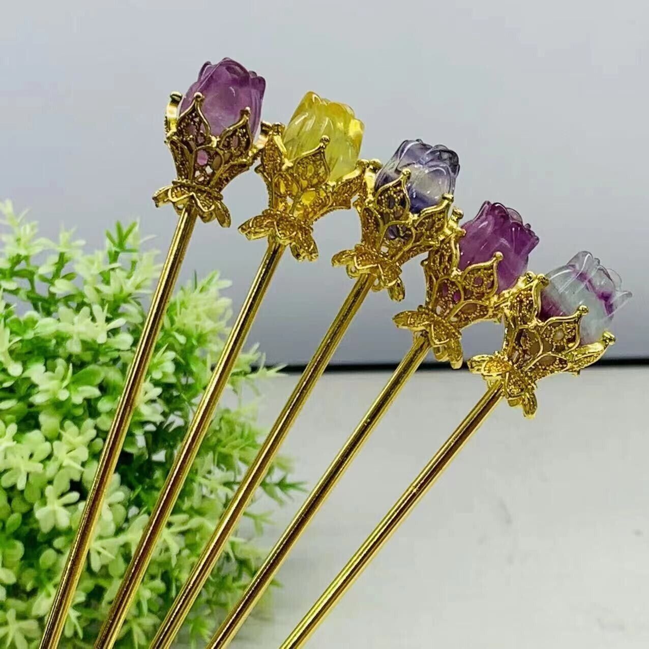 5PC Natural Mix fluorite quartz crystal rose flowers carved reiki healing random