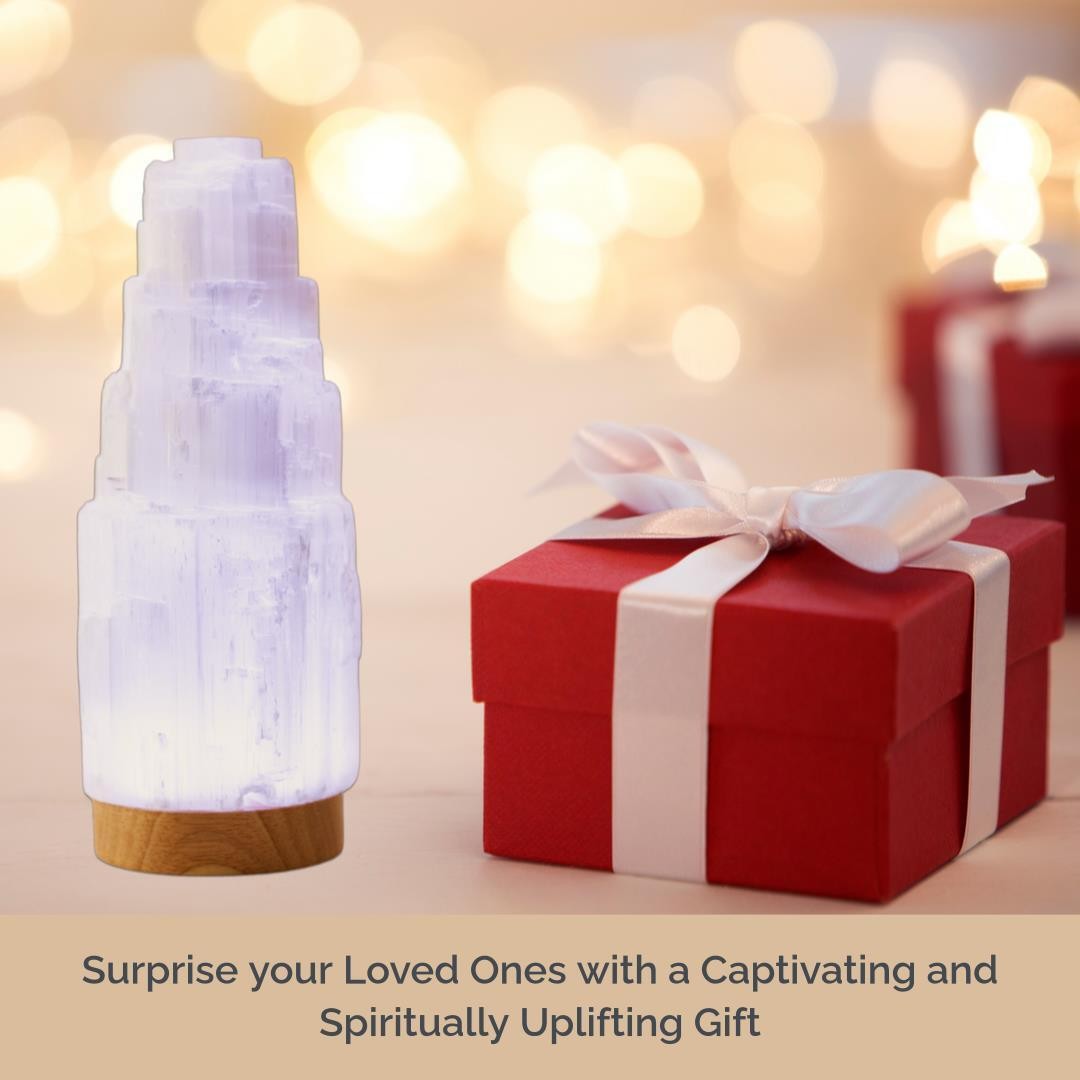 7 Colors Selenite Crystal Lamp Tower with Wooden LED Base, Spiritual Gift