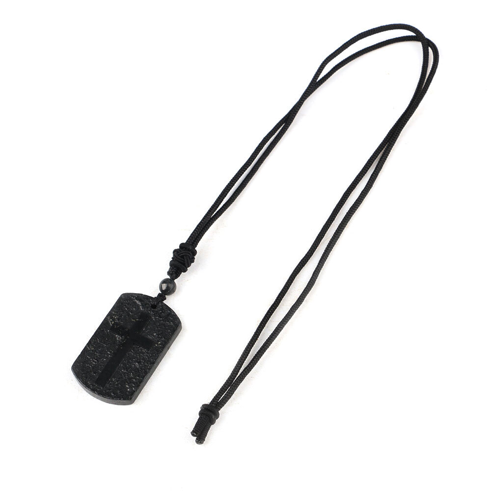 Pendant Shungite Rectangle Engraved Cross Necklace Karelia EMF Shield Protection