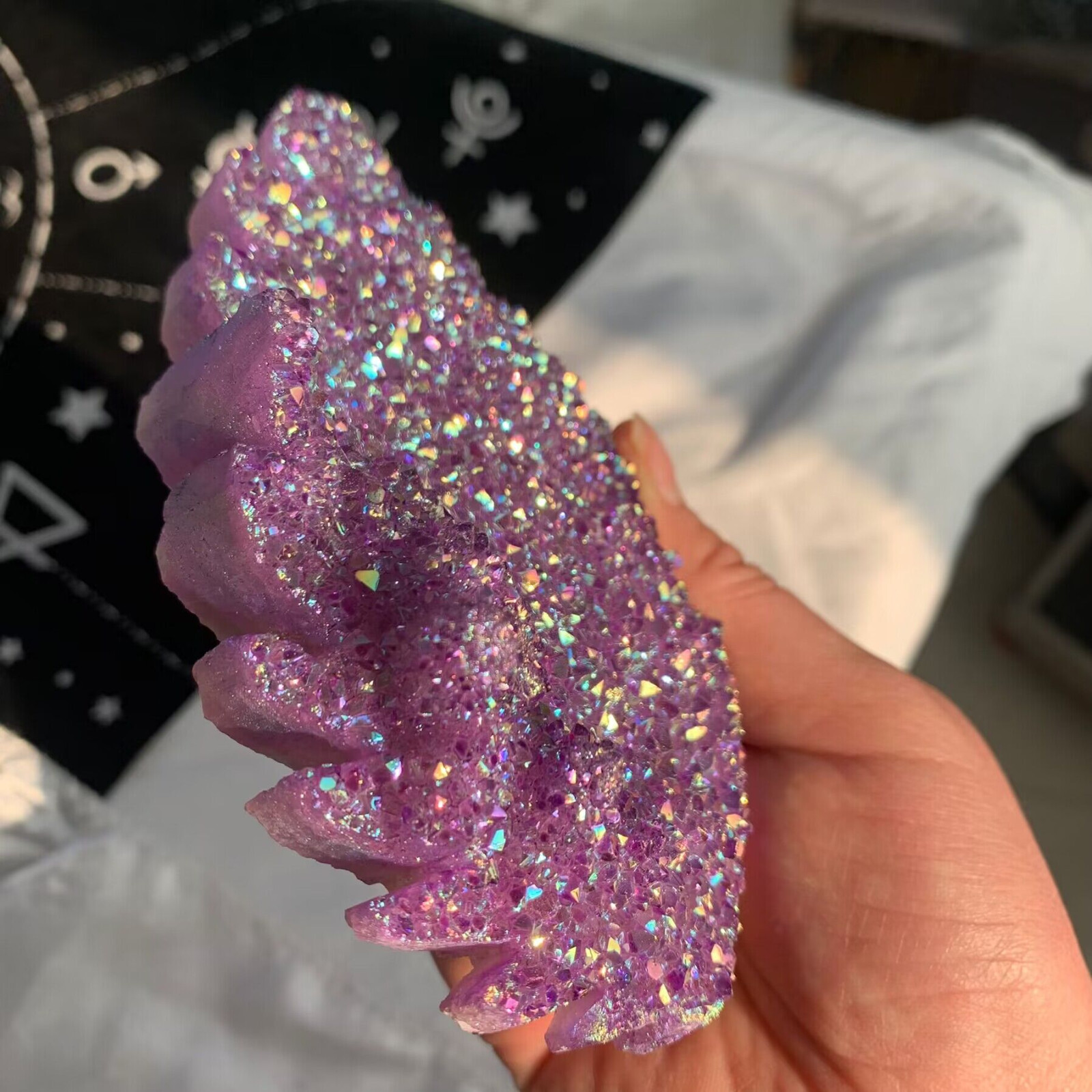 449g Titanium Angel Aura Amethyst Cluster Wings Carving Quartz Crystal+Stand