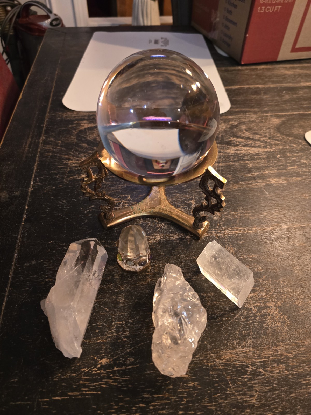 Vintage Crystal Ball on Brass Stand With Quartz crystals.