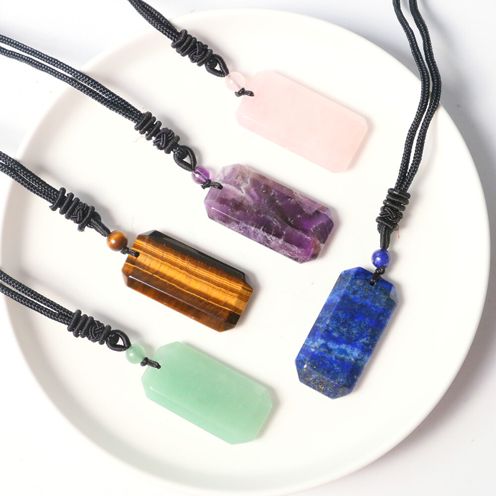 Natural Crystal Rectangle Necklace Chakra Stone Square Bead Pendant Healing Gift