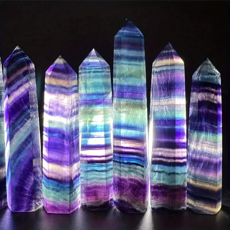 Natural Rainbow Fluorite Healing Crystal Tower Point Obelisk Mineral Specimens