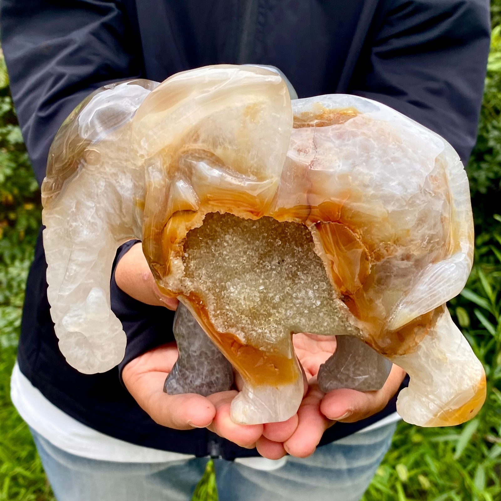 4LB Natural Agate Geode Quartz Carved Crystal Elephant Reiki Decor