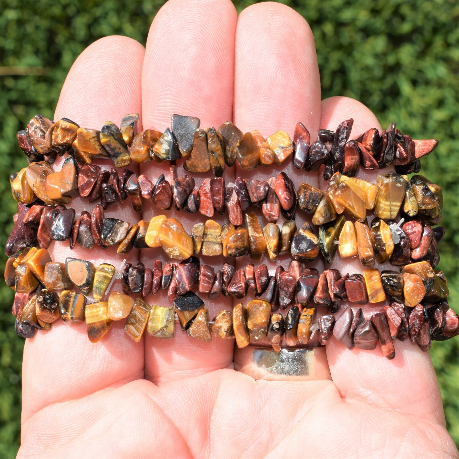 CHARGED Red Tiger Eye & Golden Tiger Eye Crystal Chip Stretchy Bracelet + Heart