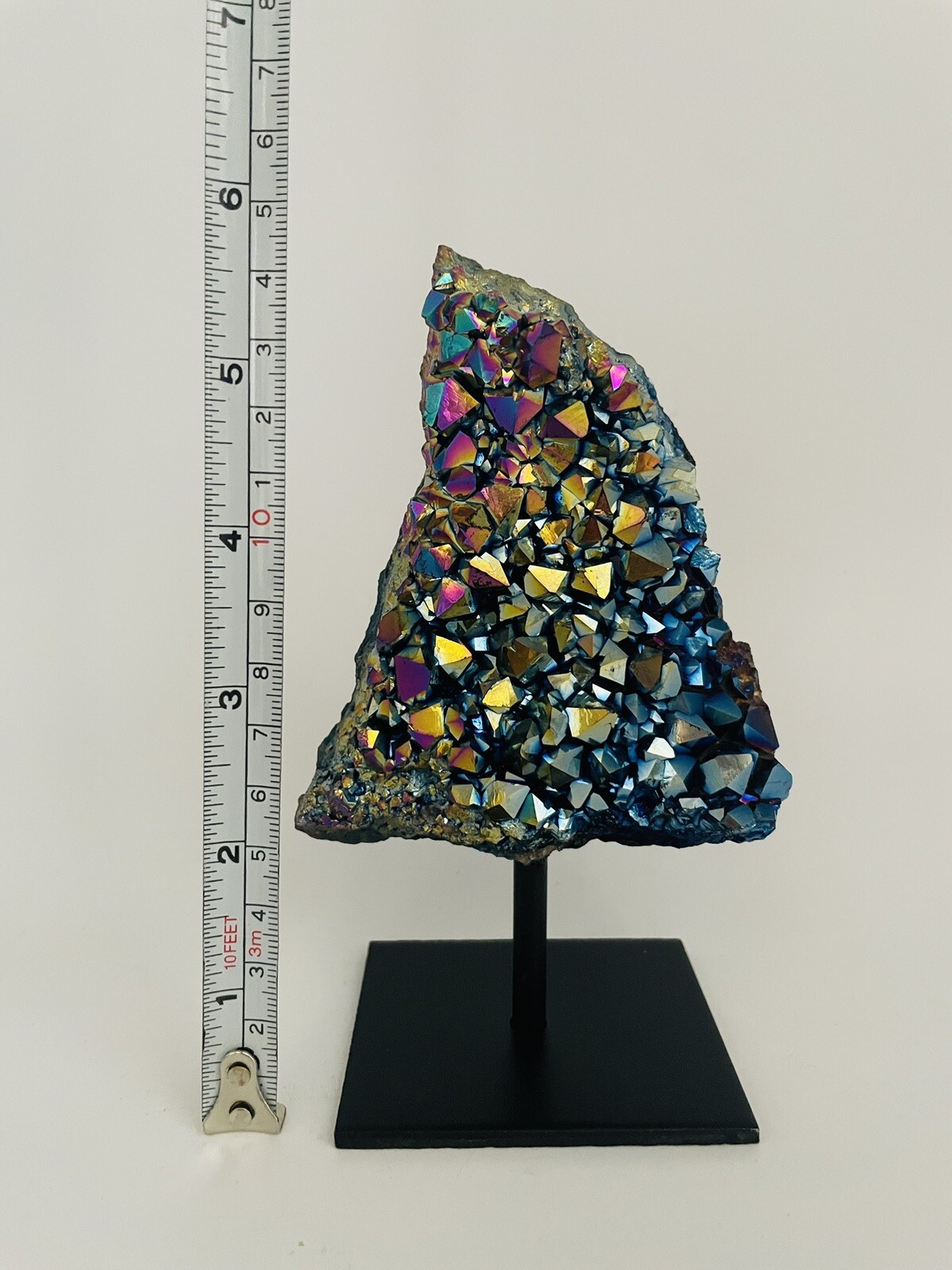 Colorful Rainbow Aura Titanium Quartz Crystal Bismuth cluster On Metal Stand