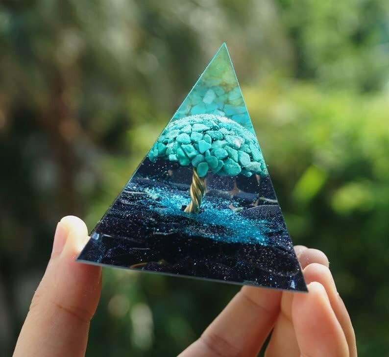 Tree of Life Orgonite Pyramid Turquoise Blue Goldstone Gemstone Orgone Reiki