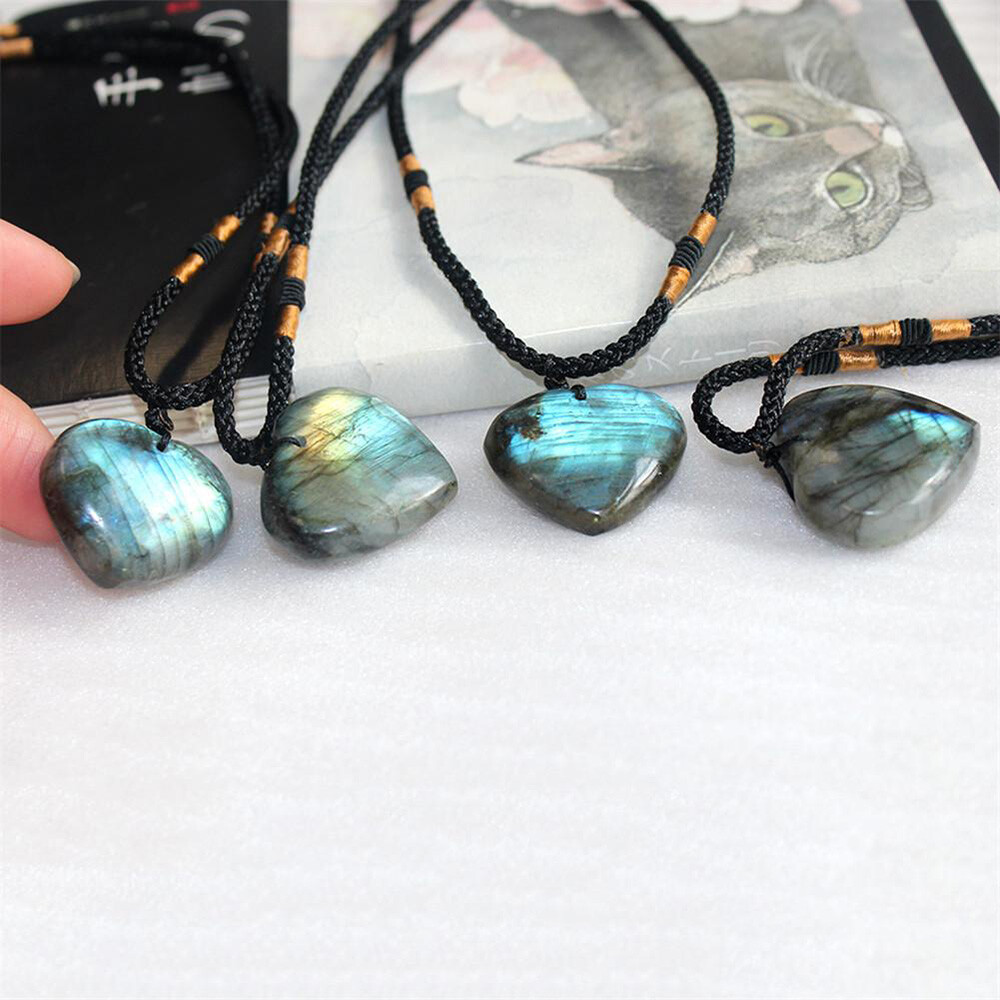 Natural Heart Pendant Labradorite Necklace Gem Moonstone Stone Crystal EOB