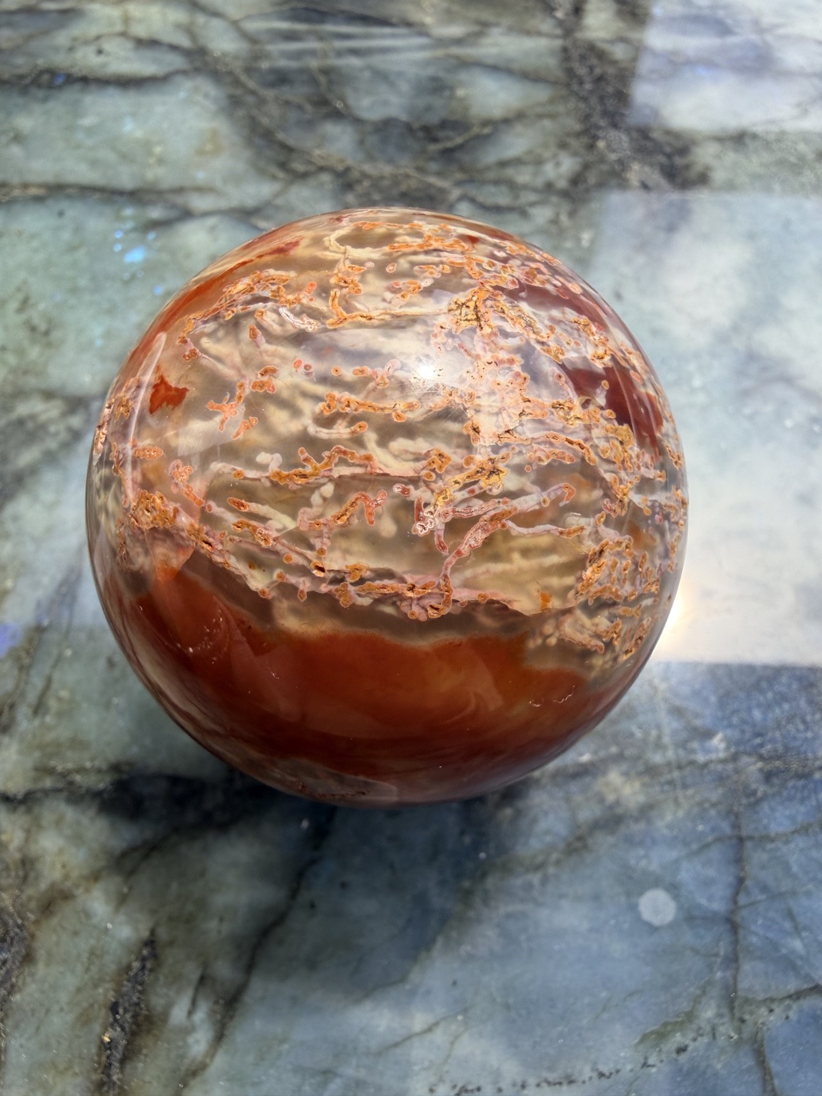 Beautiful Carnelian Moss Agate Sphere | Collector’s Piece | 2.68″