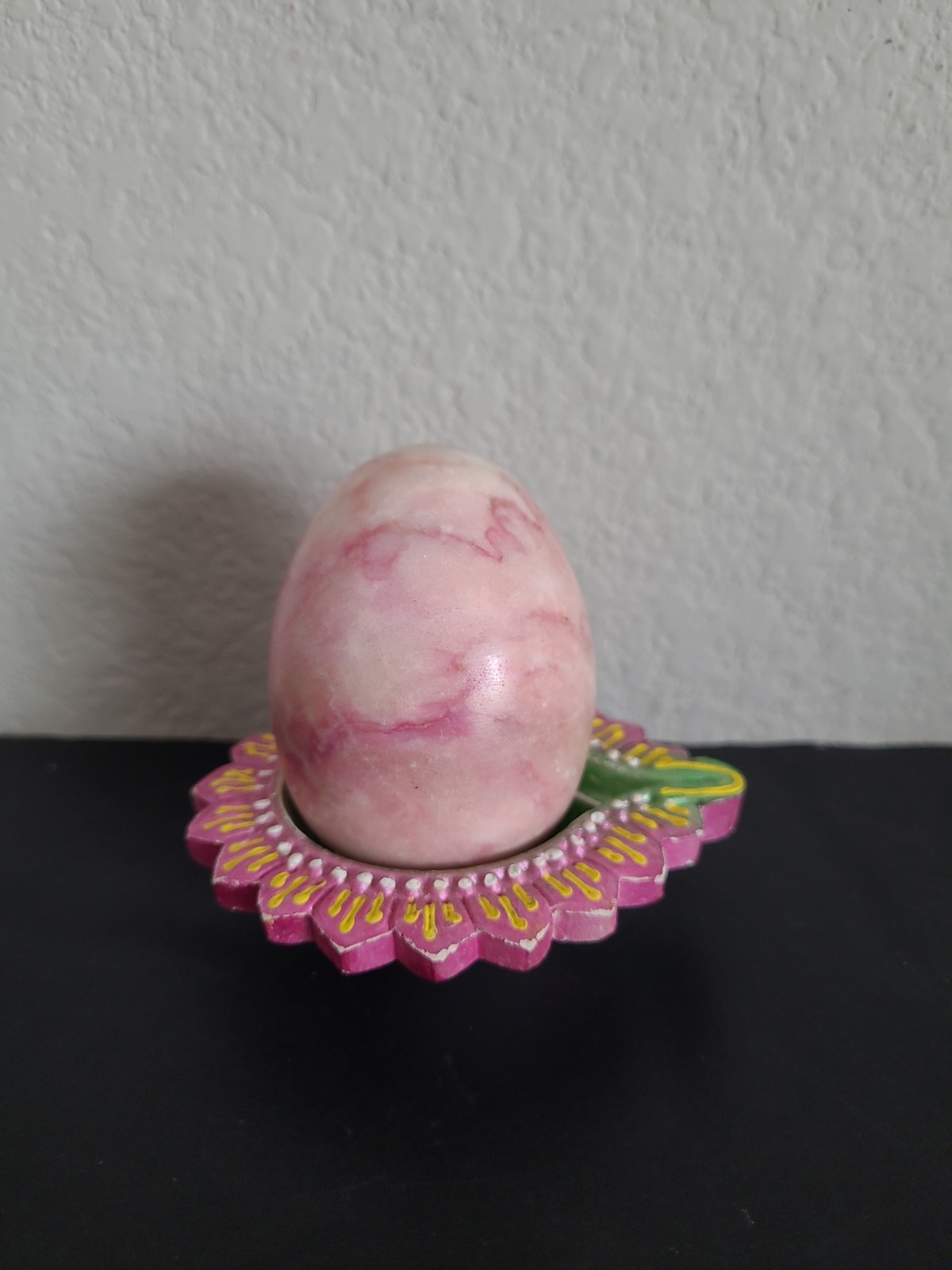 Vintage Polished Pink Stoned Quartz Egg & Ceramic Stand