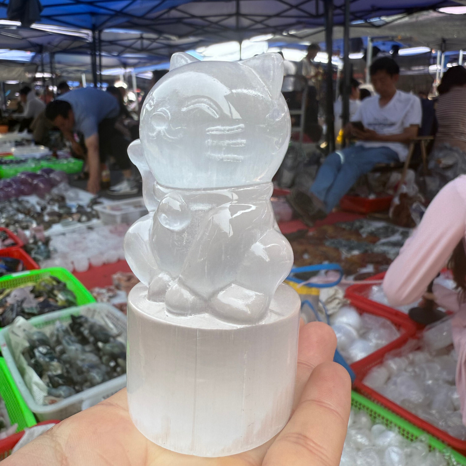 3.7″ Natural White stone paste Maneki Neko Quartz Crystal Carved Reiki Healing