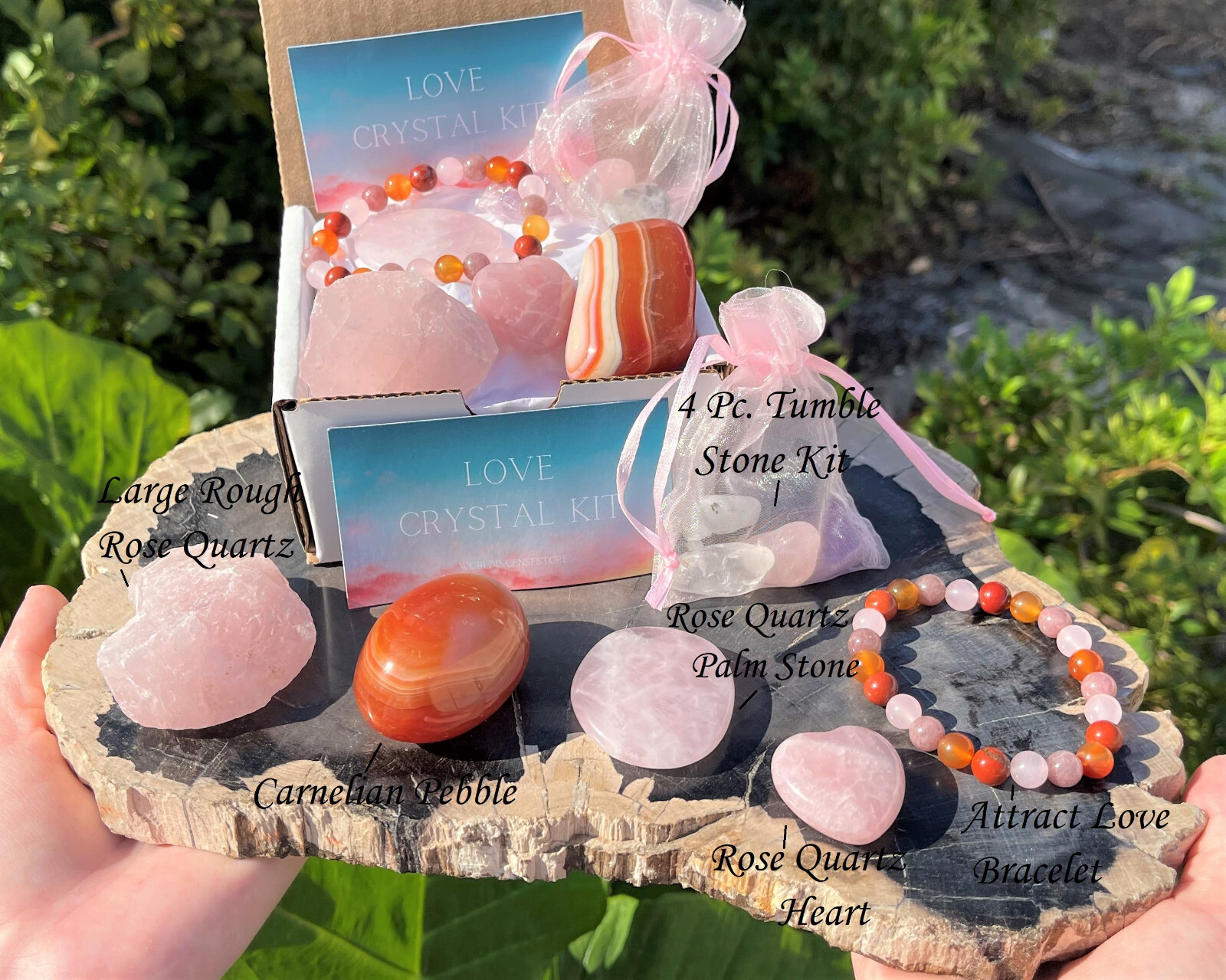 Love Crystal Gift Box: Bracelet, Palm Stone, Crystal Heart, Tumble Stone & More!