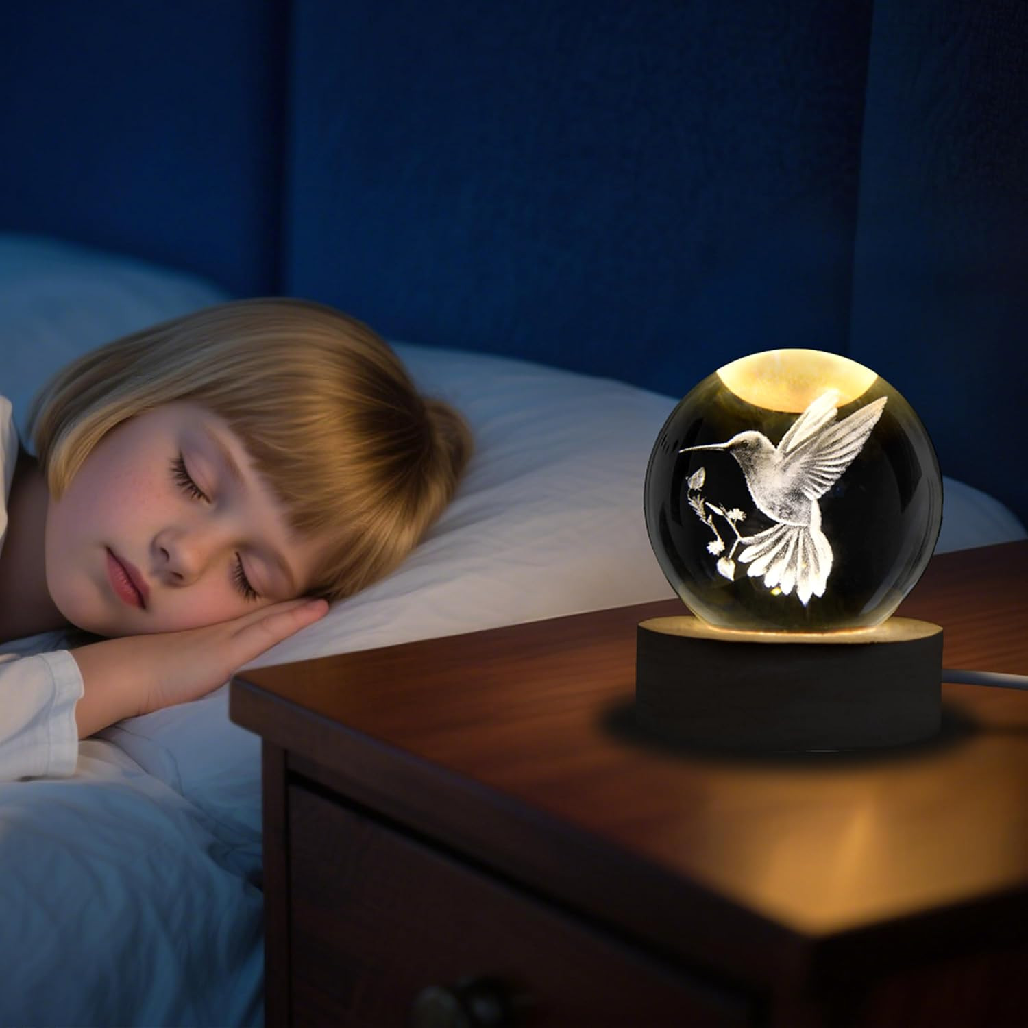 3D Laser Engraved Bird Crystal Ball with LED Stand, 60Mm Hummingbird Figurine