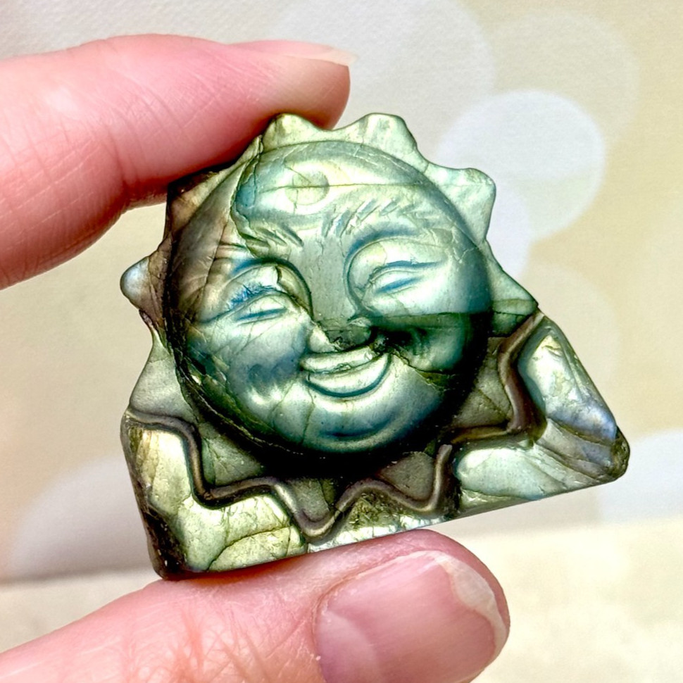 Labradorite Sun Face Crystal Carving – Natural Gemstone Carved Cabochon 1.7″