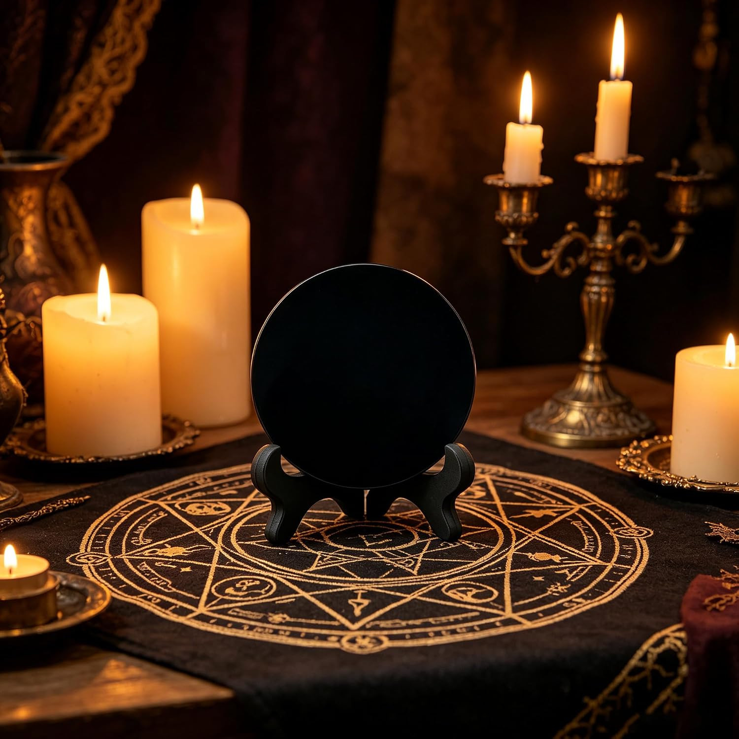 Black Obsidian Scrying Mirror with Stand & Bag for Divination & Healing