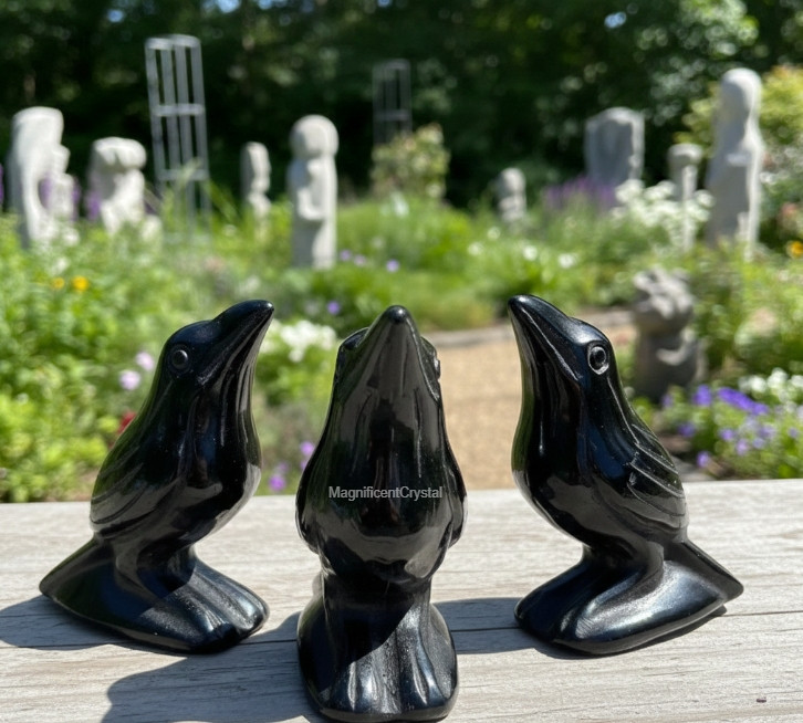 2” Hand Carved Obsidian Crow Figurine Crystal Protection Spiritual Healing Deco