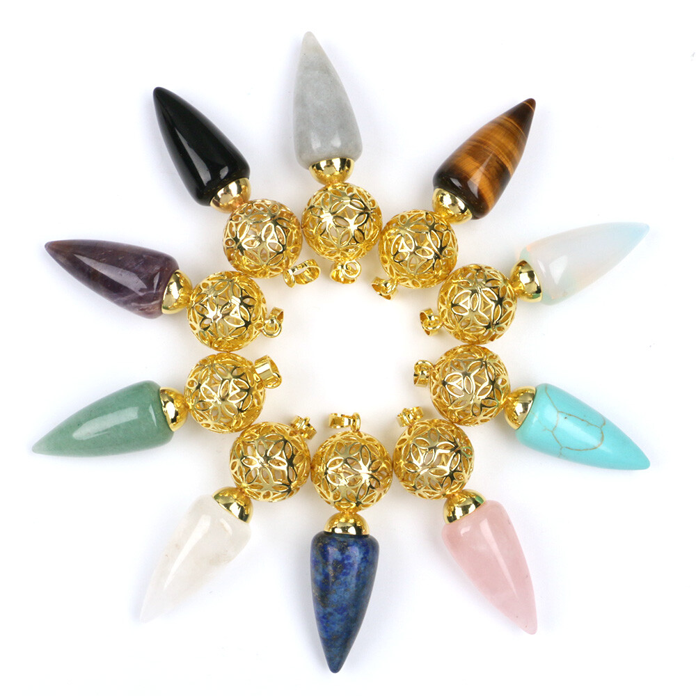 10pcs Gold Chain Bullet Cone Crystal Chakra Pendulum Quartz Stone Metal Dowsing
