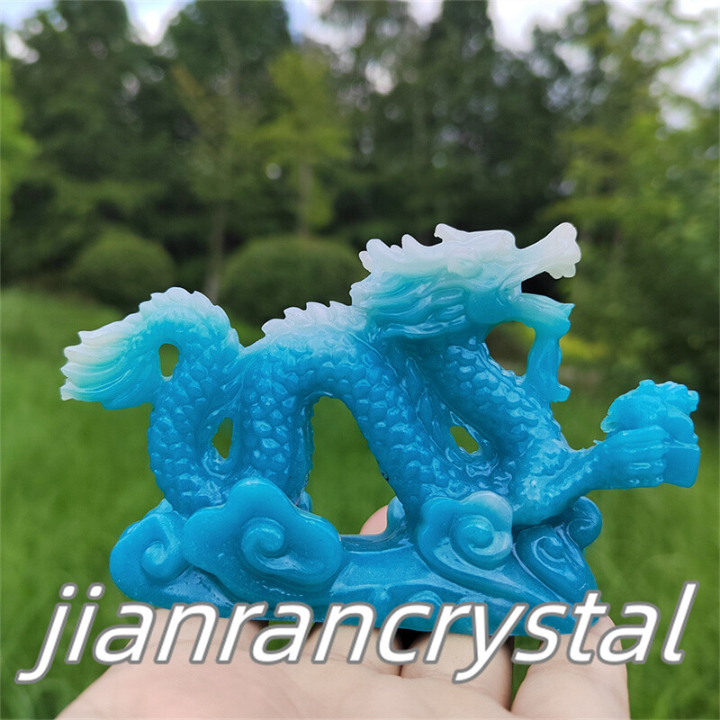 4″ Blue Luminous Stone Sculpture Chinese Dragon Resin Decor Chinese Dragon 1pc