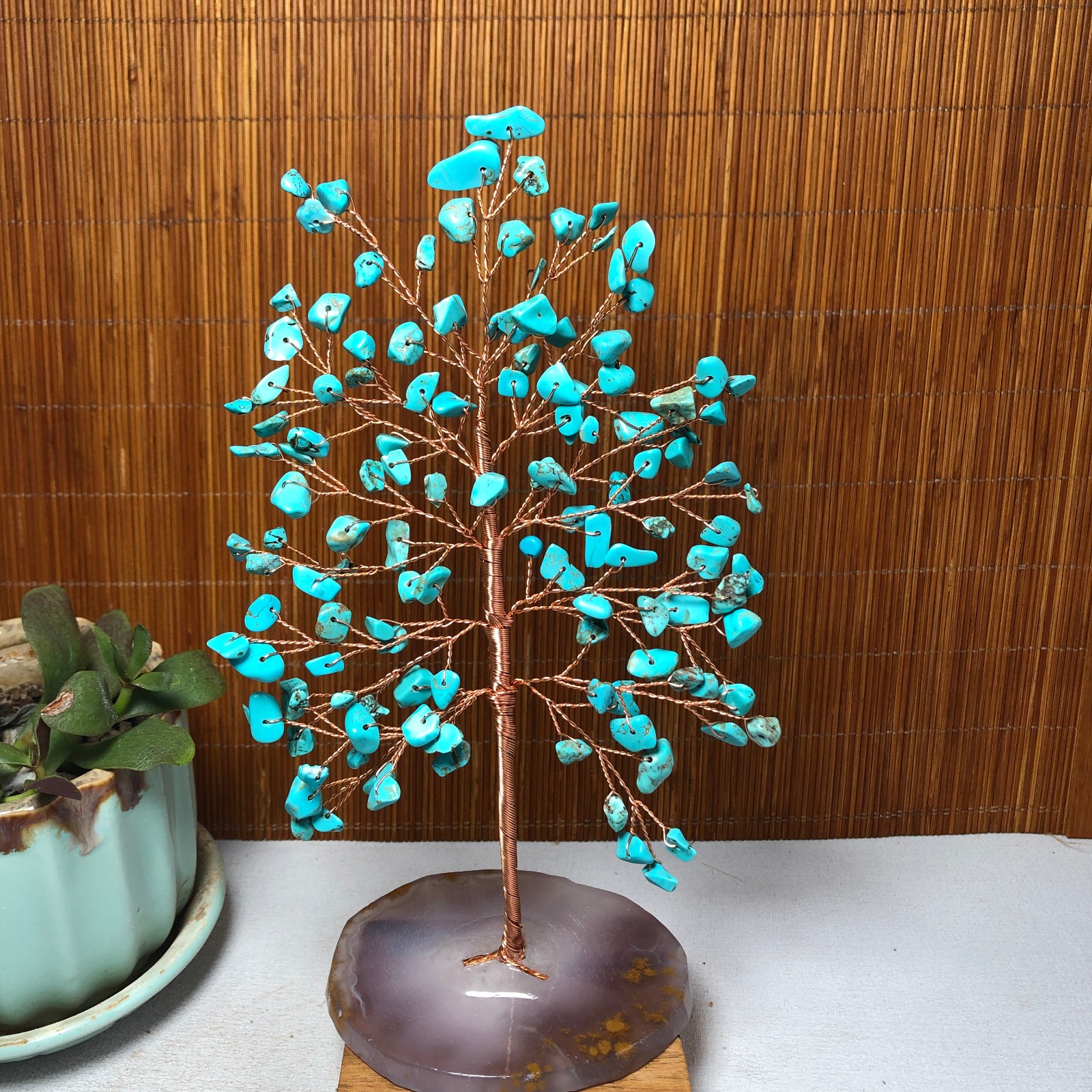 180mm Natural Wealth turquoise crystal gravel agate slice base 109g A1261