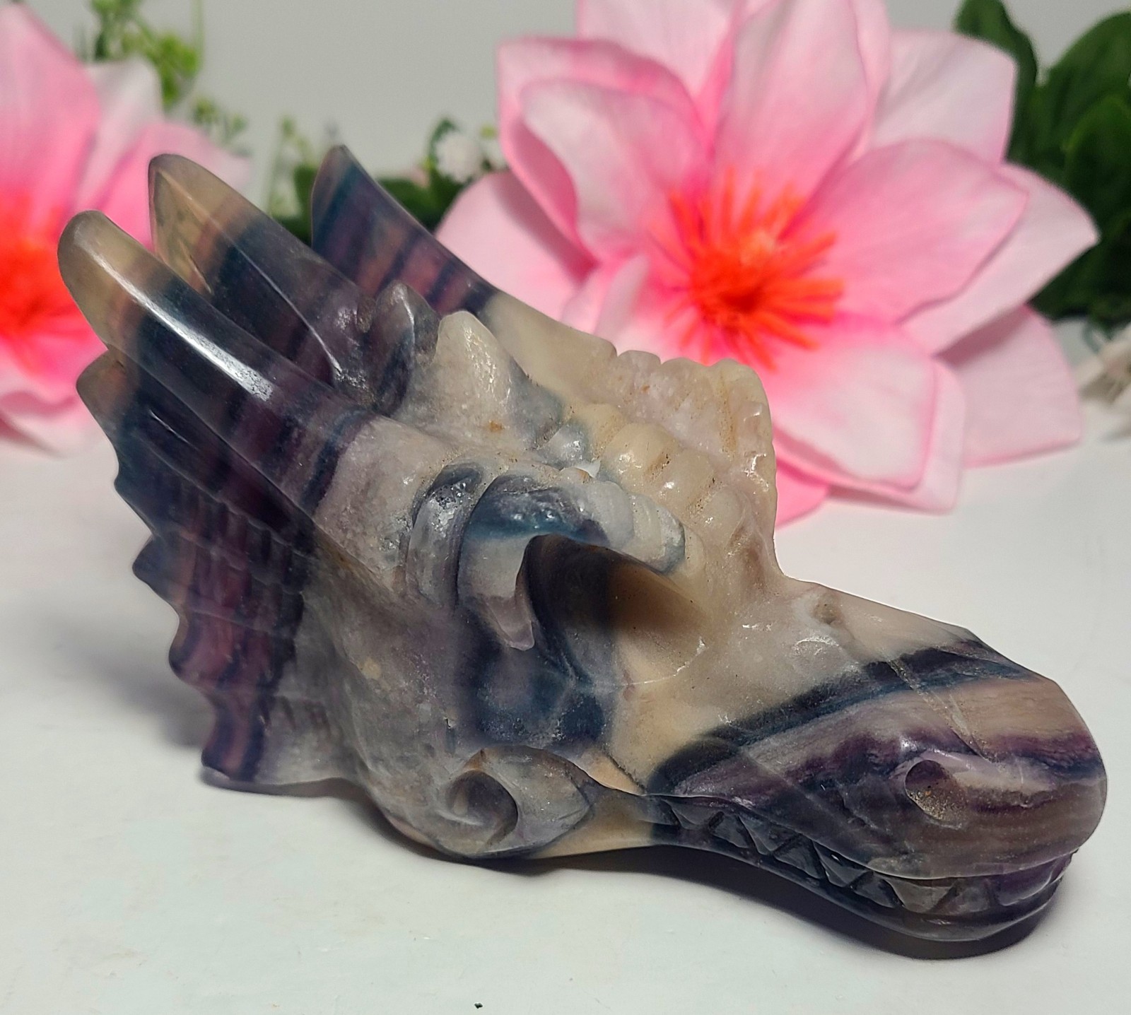 Large 5″ 303g Silky Fluorite Dragon Head Skull Crystal Stone Carving Statue