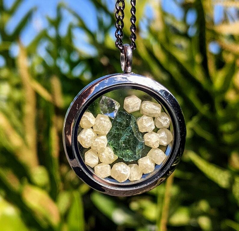 Moldavite & Herkimer Diamond Pendant / Rhodizite Crystals / Locket Necklace